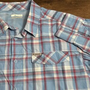 Columbia Shirt Men Large Blue Red Plaid Button Up Vented Performance Gorpcore